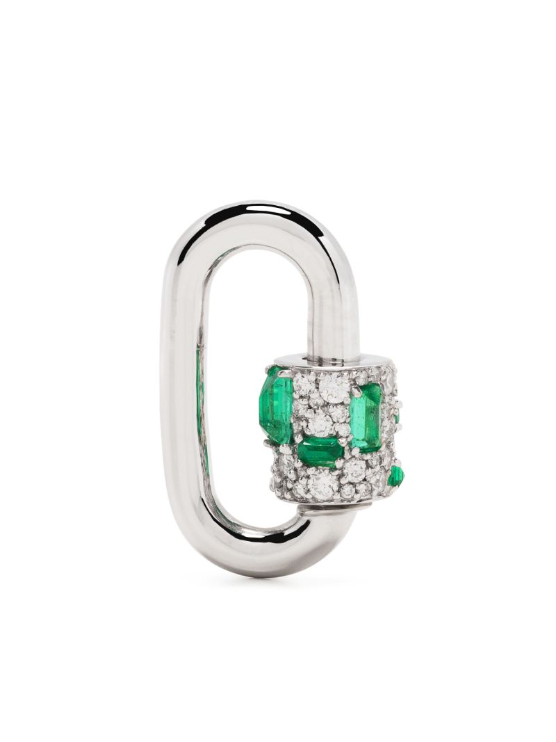 14k White Gold Chubby Medium Lock Emerald and Diamond Pendant