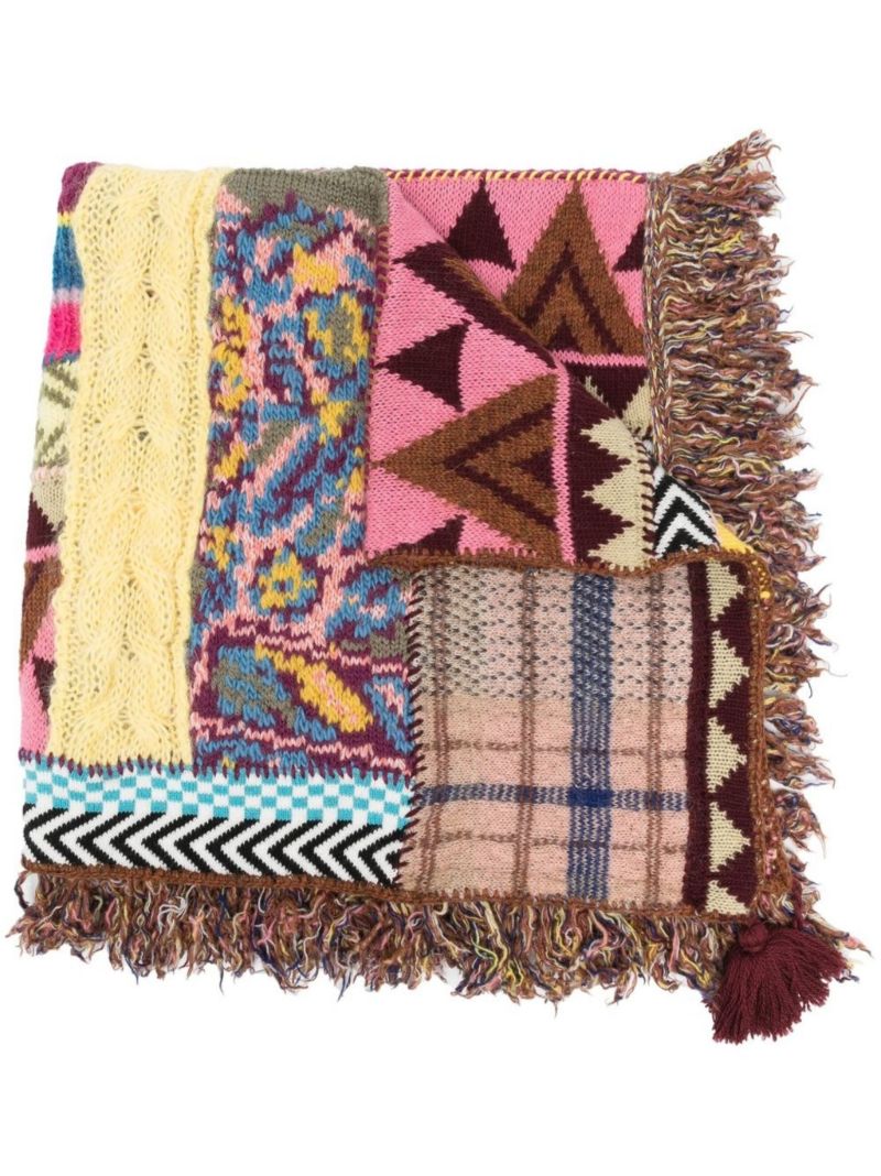 Brown Fringed Patchwork Scarf