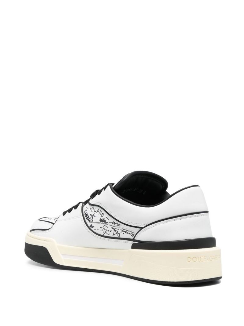 White New Roma Graffiti Print Leather Sneakers