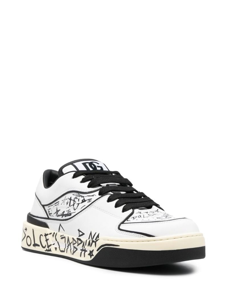 White New Roma Graffiti Print Leather Sneakers