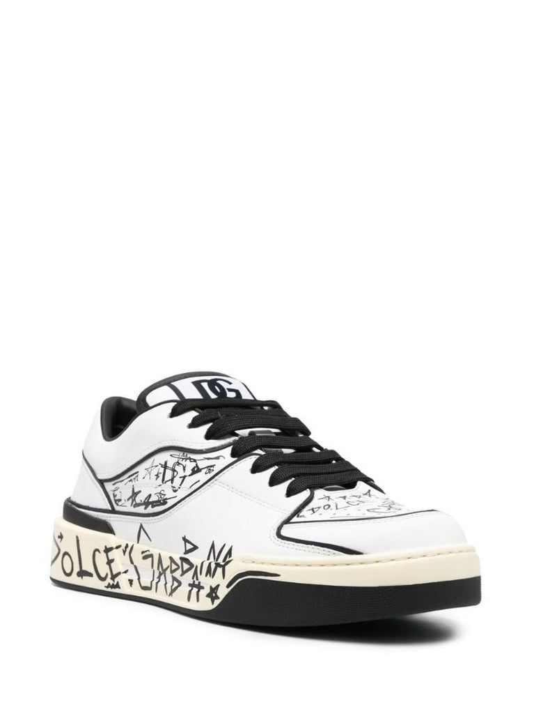 White New Roma Graffiti Print Leather Sneakers