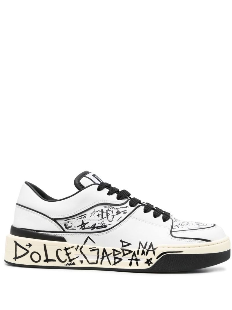 White New Roma Graffiti Print Leather Sneakers