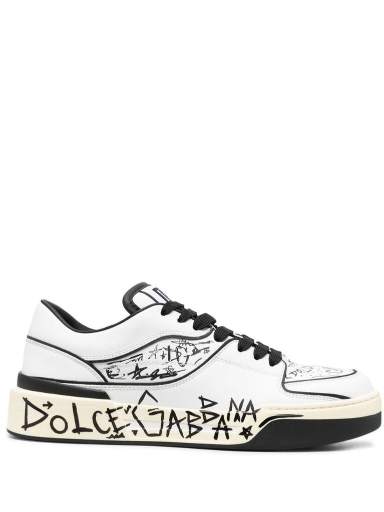 White New Roma Graffiti Print Leather Sneakers