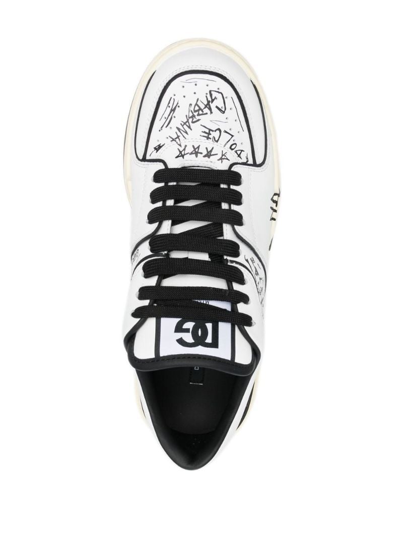 White New Roma Graffiti Print Leather Sneakers