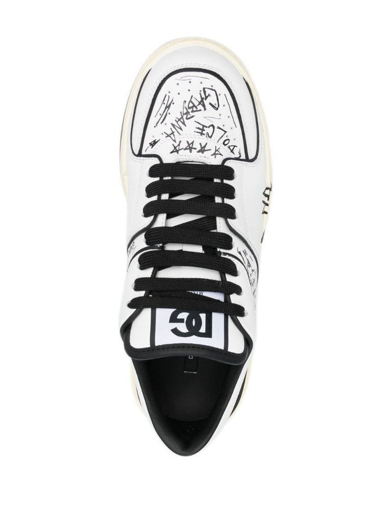 White New Roma Graffiti Print Leather Sneakers