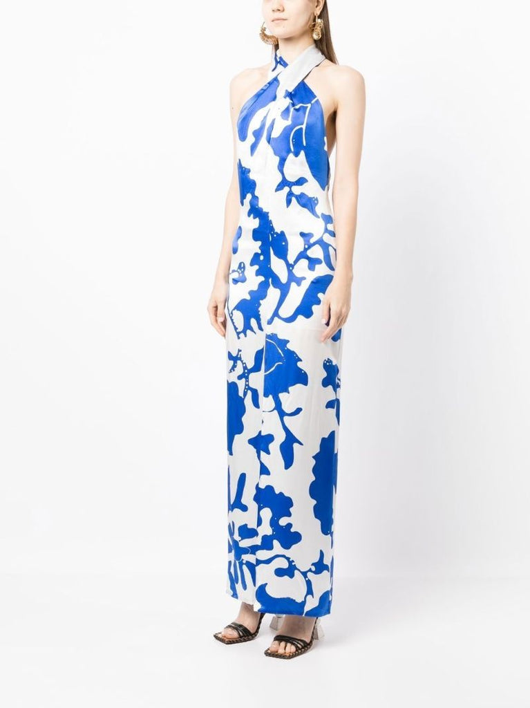 White Esme Printed Halterneck Silk Dress