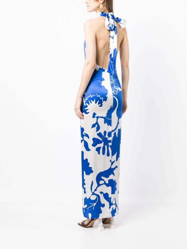 White Esme Printed Halterneck Silk Dress