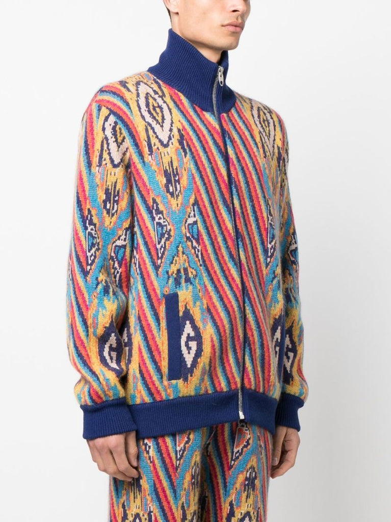 Blue Abstract Print Knitted Bomber Jacket