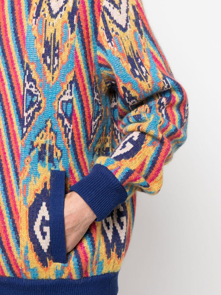 Blue Abstract Print Knitted Bomber Jacket