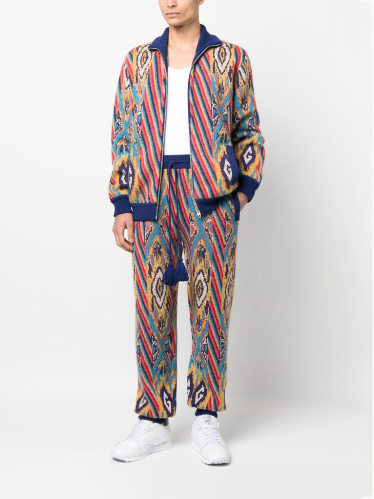 Blue Abstract Print Knitted Bomber Jacket