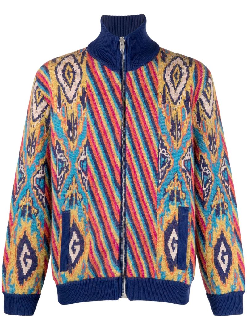 Blue Abstract Print Knitted Bomber Jacket