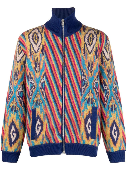 Blue Abstract Print Knitted Bomber Jacket
