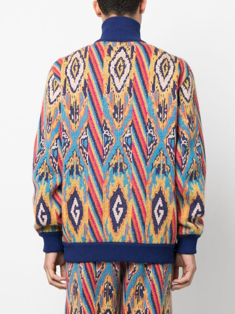 Blue Abstract Print Knitted Bomber Jacket