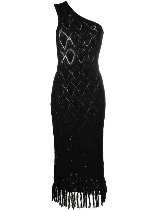 Black Pointelle Knit One-shoulder Dress