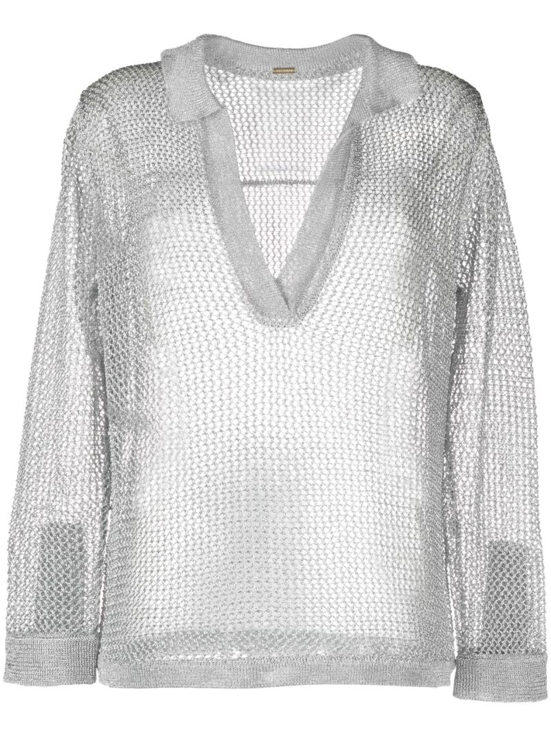 Silver Open-knit Polo Top