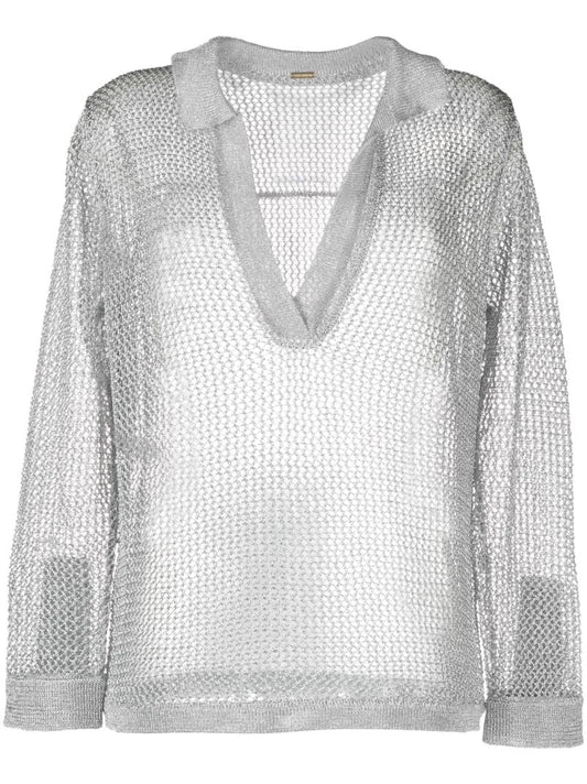 Silver Open-knit Polo Top
