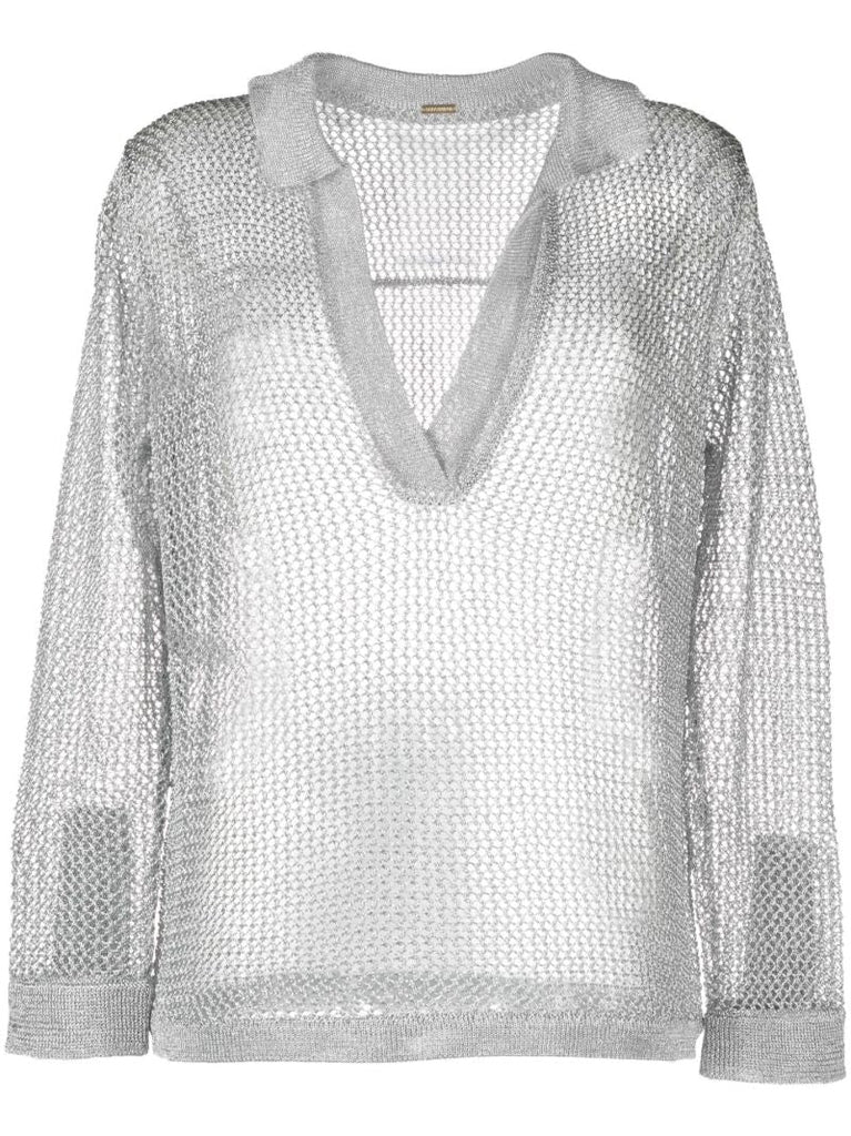 Silver Open-knit Polo Top