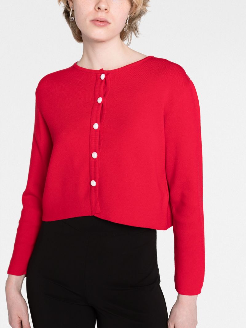 Red Feather-trim Knit Cardigan