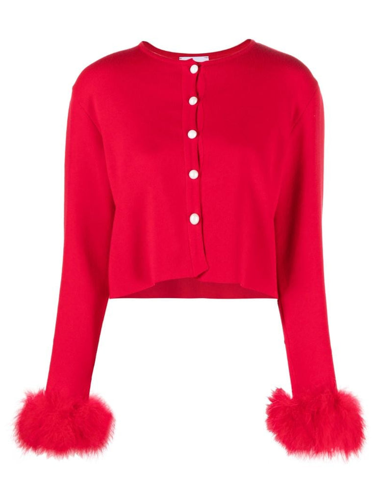 Red Feather-trim Knit Cardigan