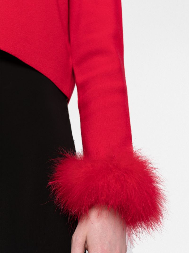 Red Feather-trim Knit Cardigan