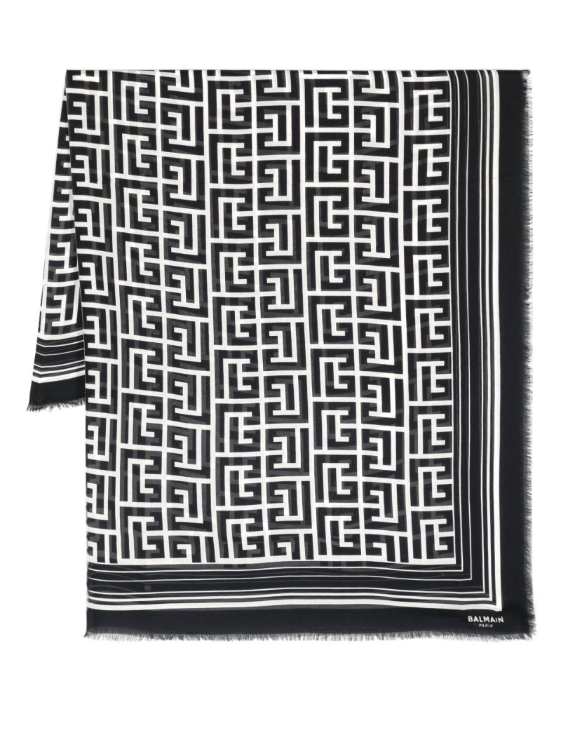 Black Monogram Print Frayed Scarf