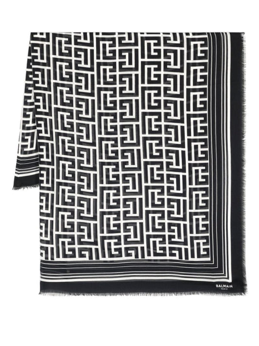Black Monogram Print Frayed Scarf