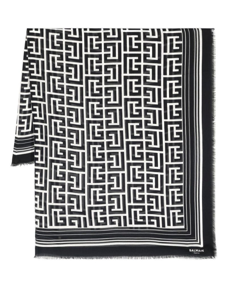 Black Monogram Print Frayed Scarf