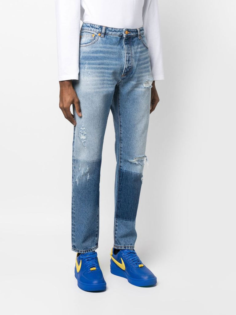 Blue Ripped-detail Straight-leg Jeans