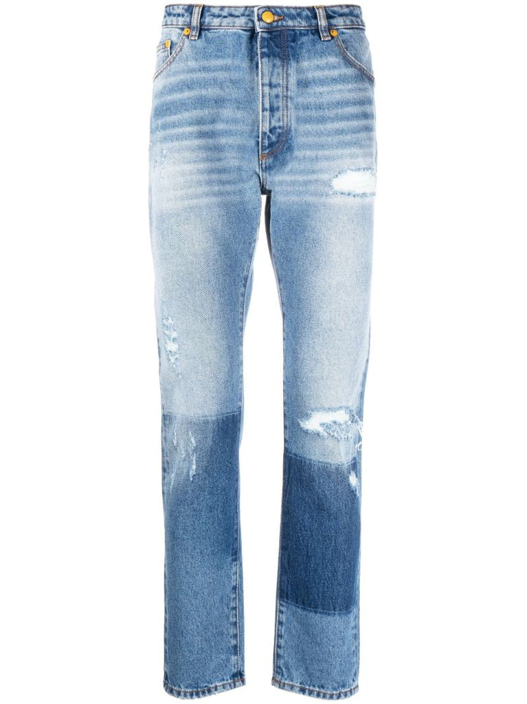 Blue Ripped-detail Straight-leg Jeans