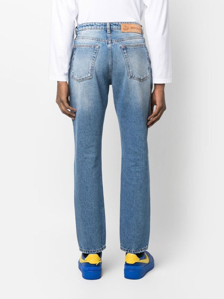 Blue Ripped-detail Straight-leg Jeans