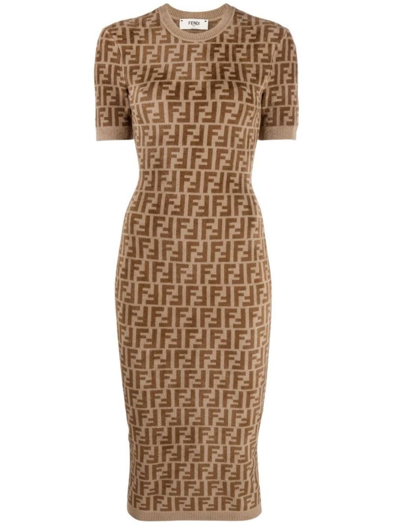 Brown Ff Knitted Midi Dress