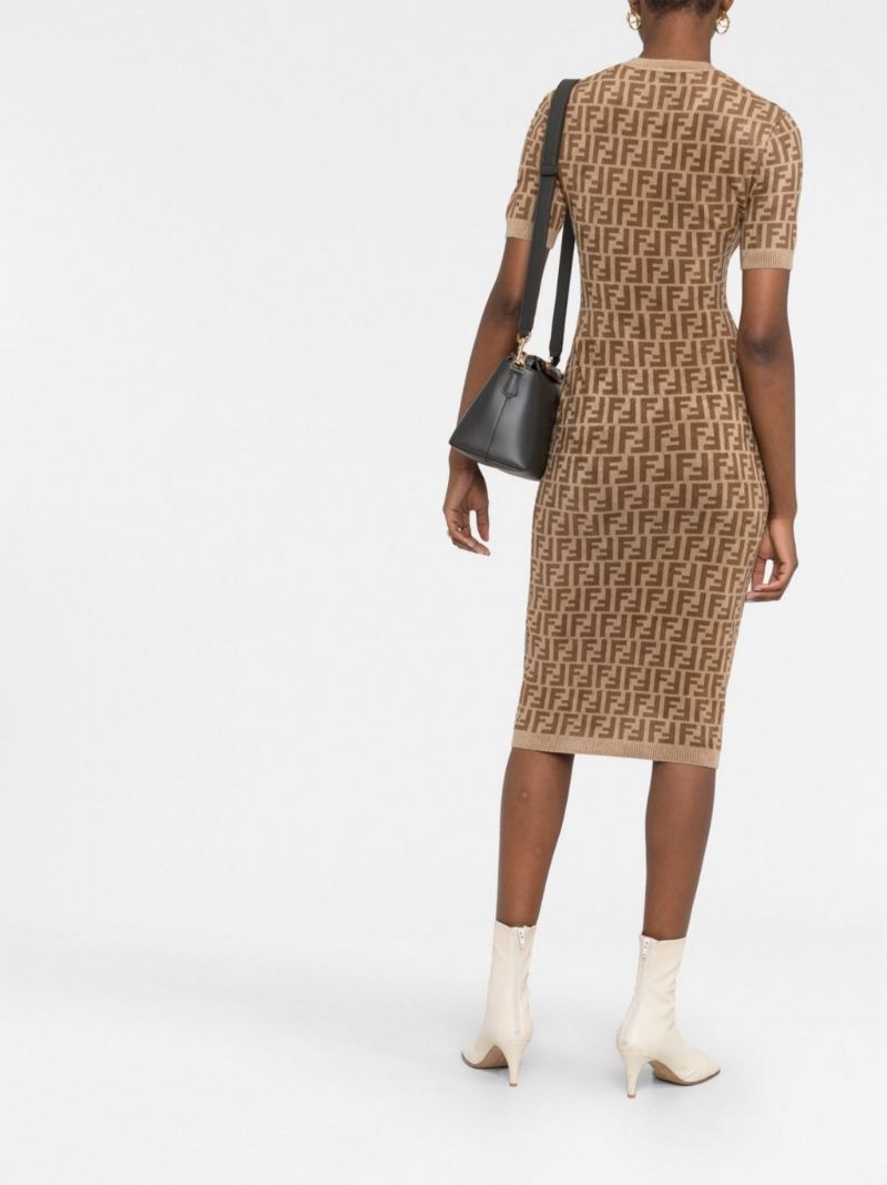 Brown Ff Knitted Midi Dress