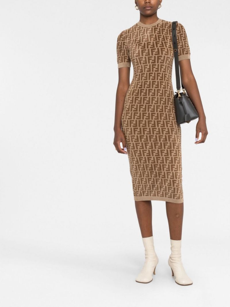 Brown Ff Knitted Midi Dress