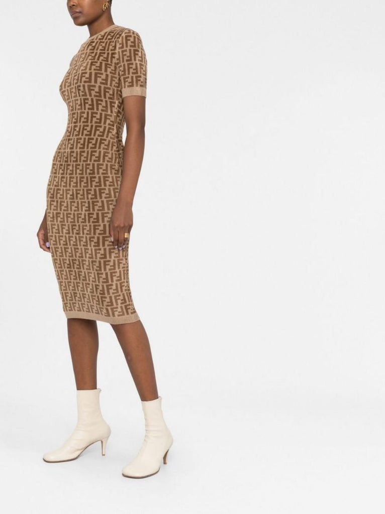 Brown Ff Knitted Midi Dress
