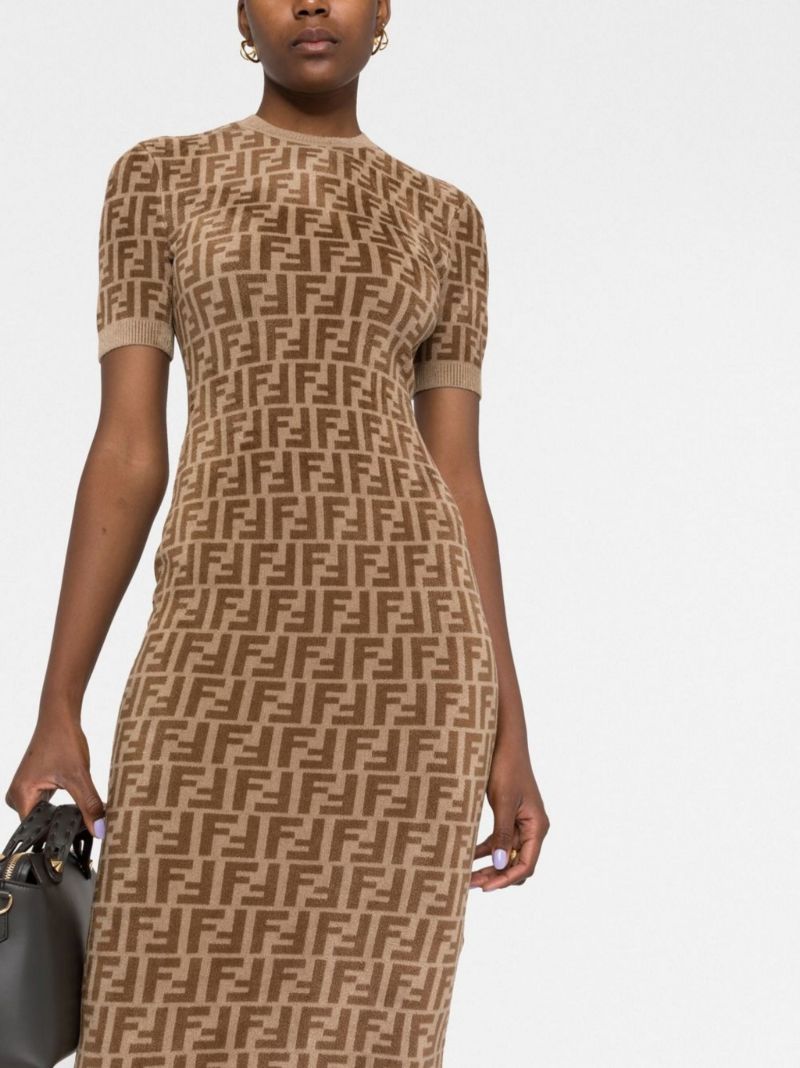 Brown Ff Knitted Midi Dress