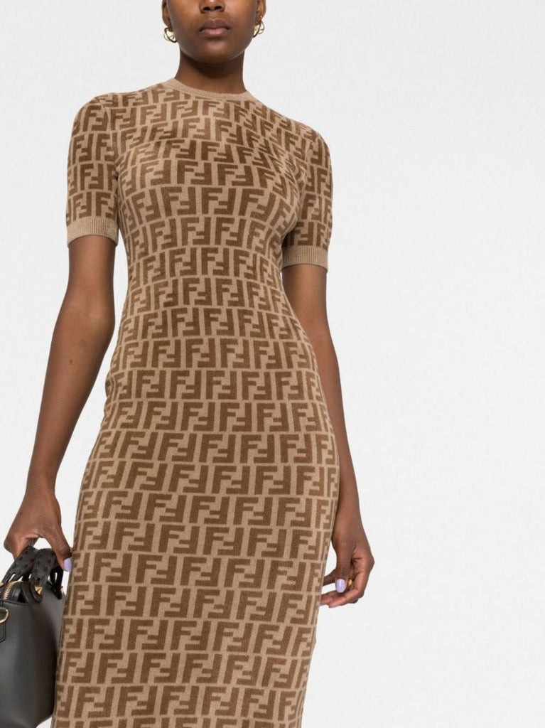 Brown Ff Knitted Midi Dress