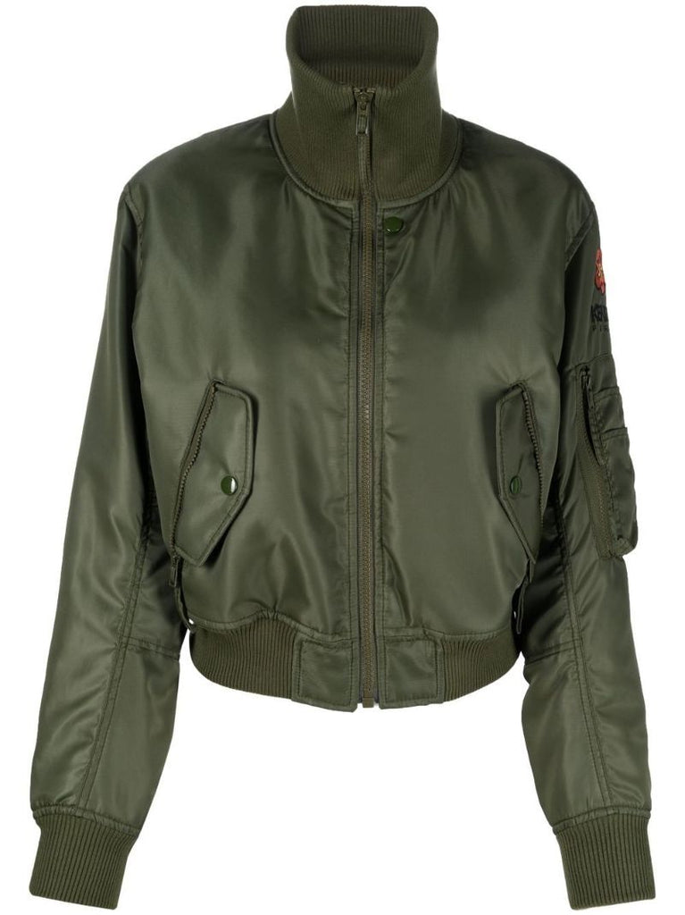 Green Boke Flower Cropped Bomber Jacket