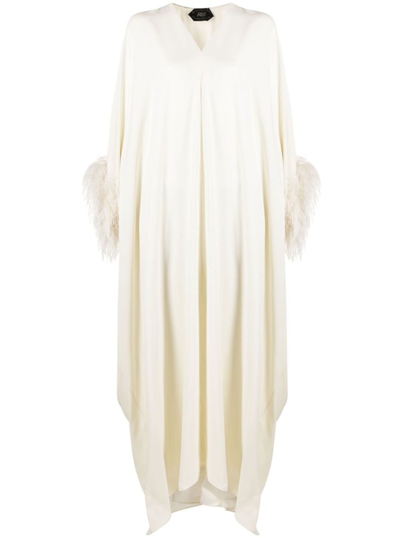 Neutral Feather-trim Kaftan Dress