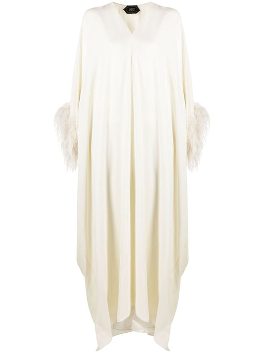 Neutral Feather-trim Kaftan Dress