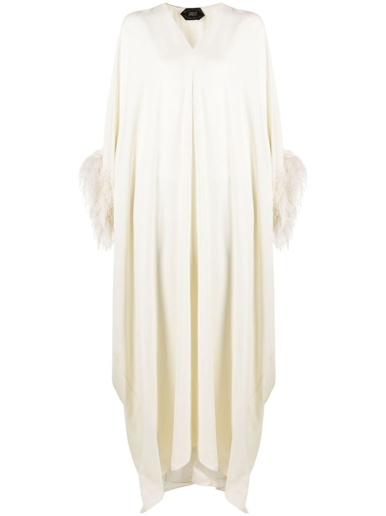 Neutral Feather-trim Kaftan Dress