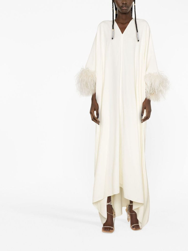 Neutral Feather-trim Kaftan Dress
