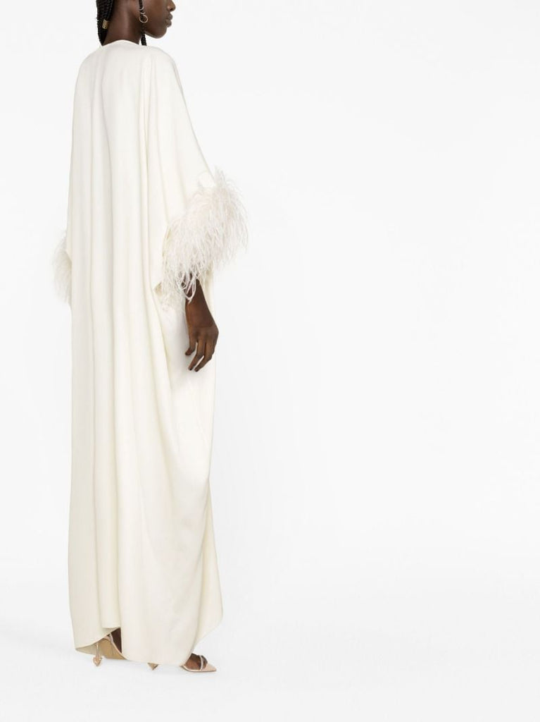 Neutral Feather-trim Kaftan Dress