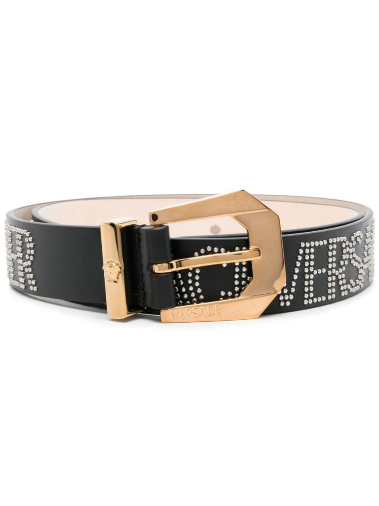 Black Studded Logo Leather Belt