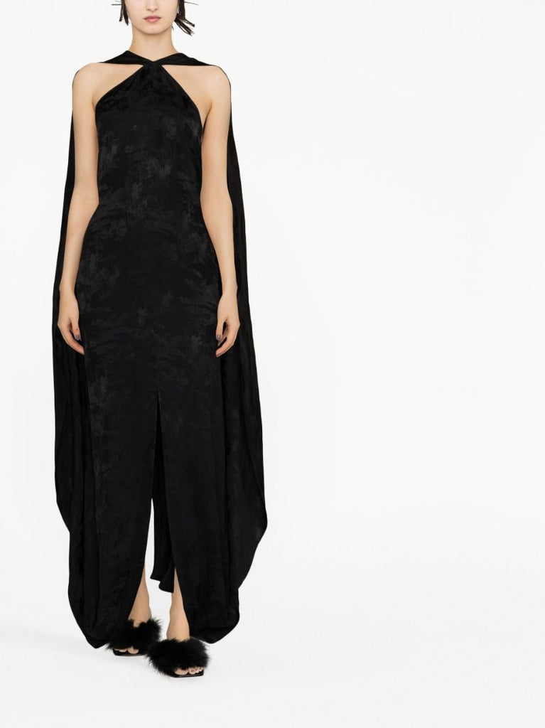 Black Jacquard Cape Maxi Dress