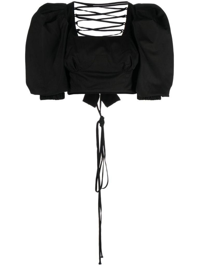 Black Lace-up Cropped Blouse