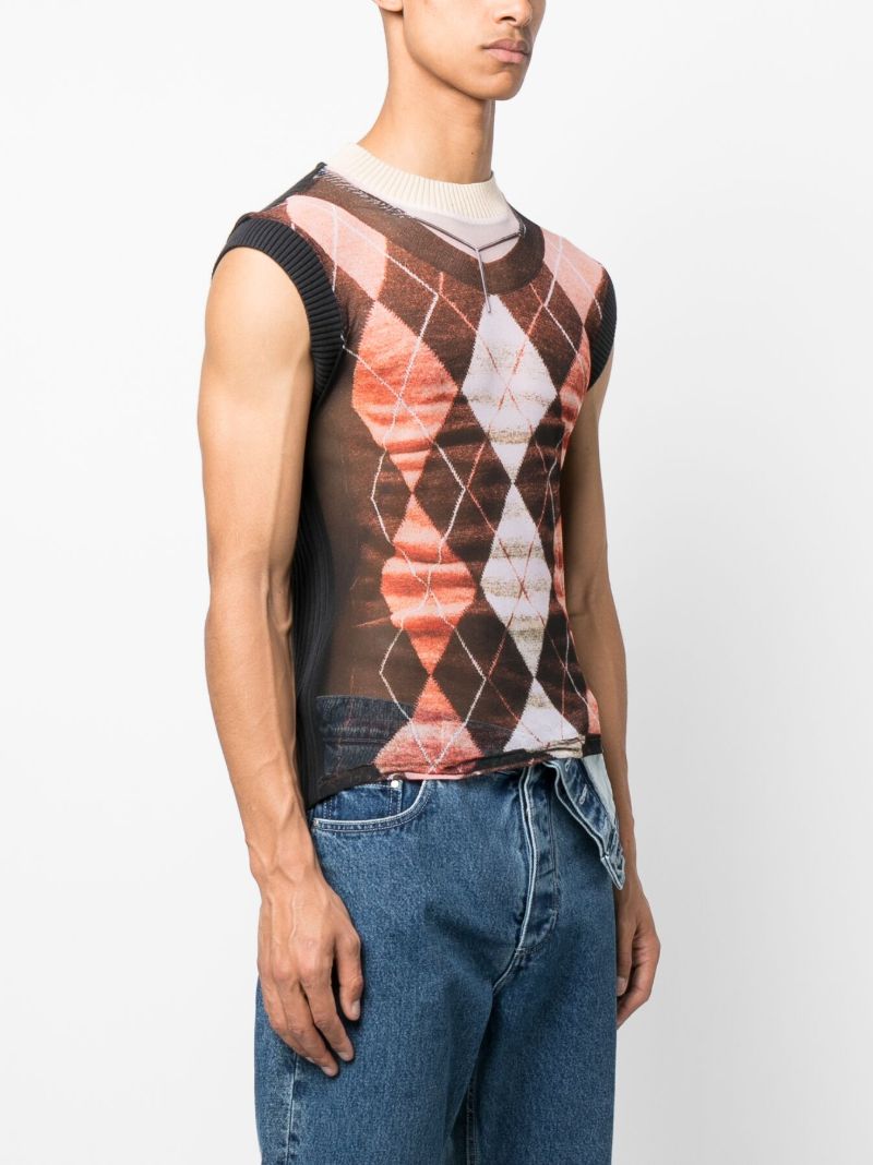 Brown Trompe L'oeil Argyle Knitted Top