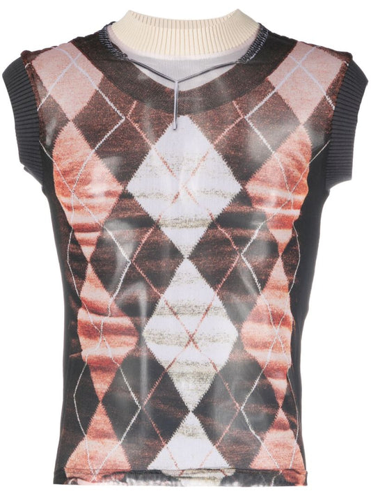 Brown Trompe L'oeil Argyle Knitted Top
