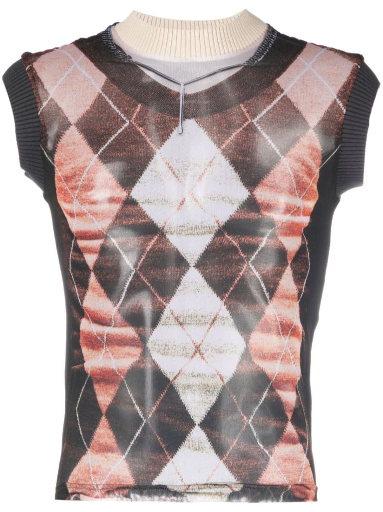 Brown Trompe L'oeil Argyle Knitted Top