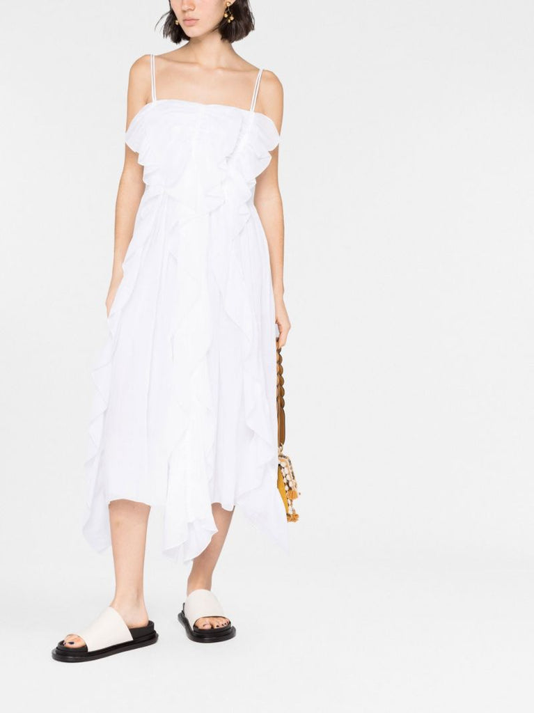White Ruffled Ramie Midi Dress