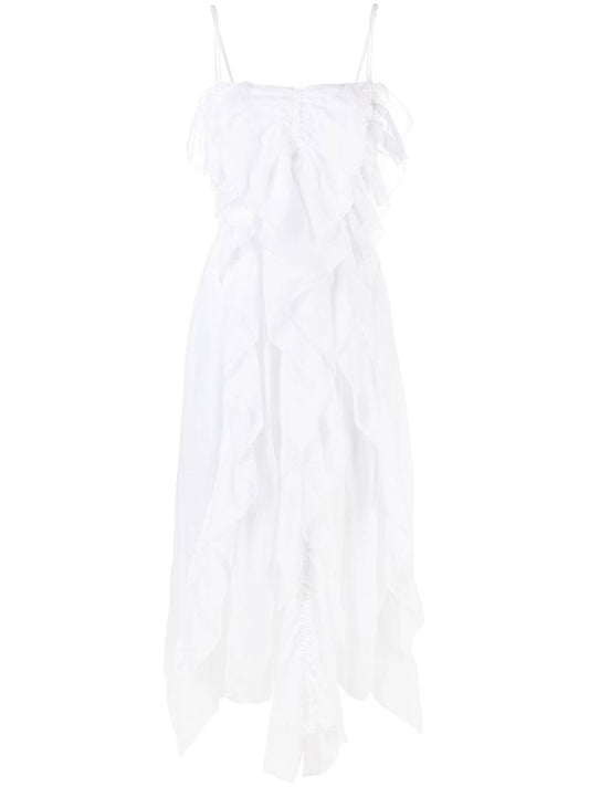 White Ruffled Ramie Midi Dress